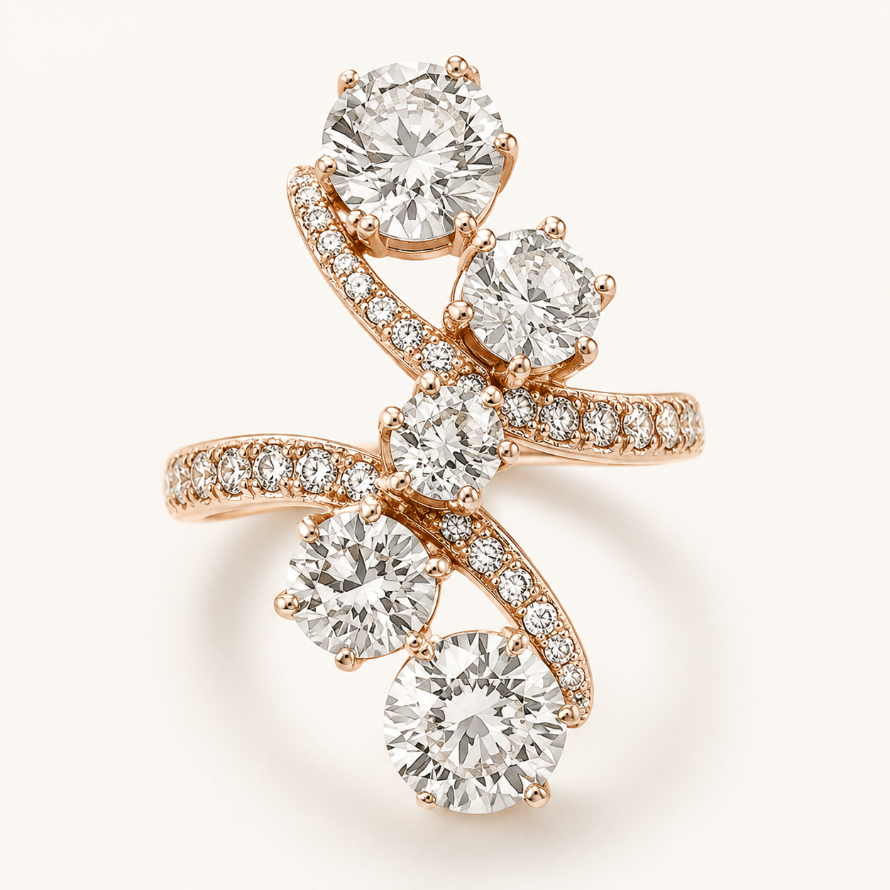 The Origin ring, diamonds set across two interweaving rose-gold bands